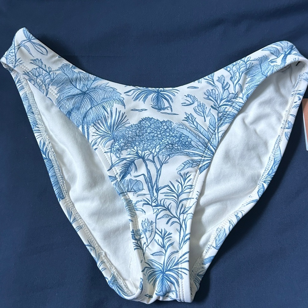 Blue and White Tropical Print Bikini Bottom